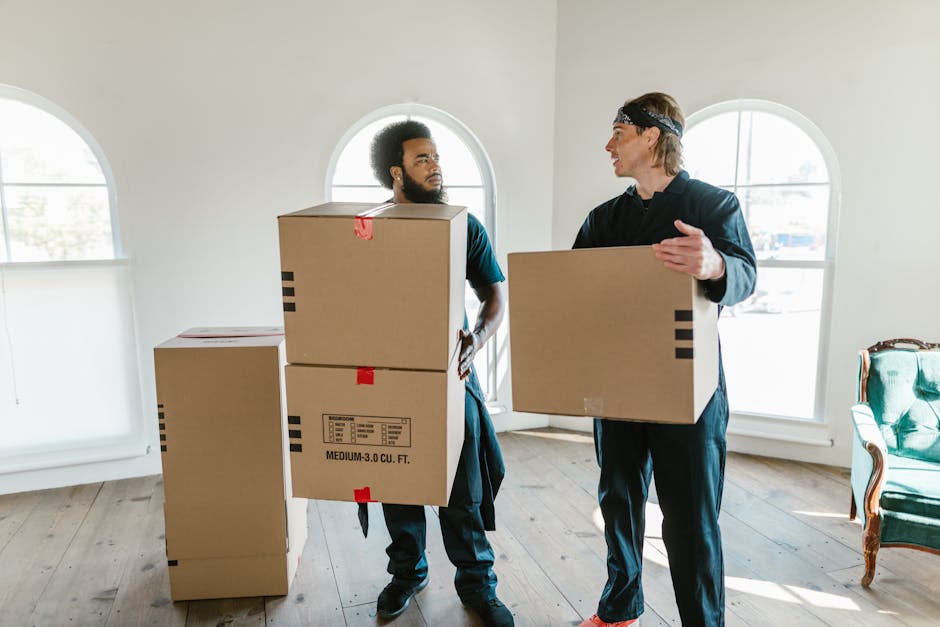 Two removal specialists from Removal Companies Highbury are engaged in a home relocation process, standing inside a well-lit room with wooden flooring and large arched windows. The technician on the left, with curly hair and a beard, holds two stacked medium-sized cardboard boxes labeled with shipping information and red tape, while the colleague on the right, wearing a headband and casual dark clothing, is carrying a single cardboard box. Several other packed boxes are positioned nearby, some on the floor and others close to a doorway, indicating the packing and loading phase of furniture transport. A green upholstered armchair with wooden detailing is visible in the background, complementing the domestic environment. The scene captures the physical handling and logistical aspects of moving, with natural daylight illuminating the space, and reflects working practices involved in professional removals services such as those offered by Removal Companies Highbury, aimed at ensuring smooth and organized house removals.